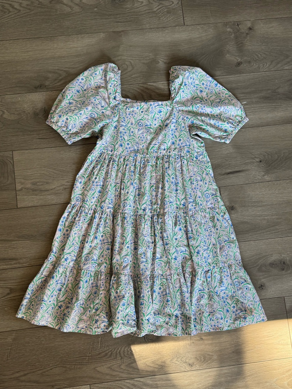 crewcuts Floral Babydoll Dress - Puffed sleeves, tiered ruffles, square neck. S